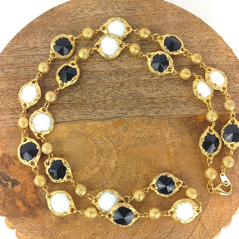 Black, White & Gold Beaded Matinee Necklace